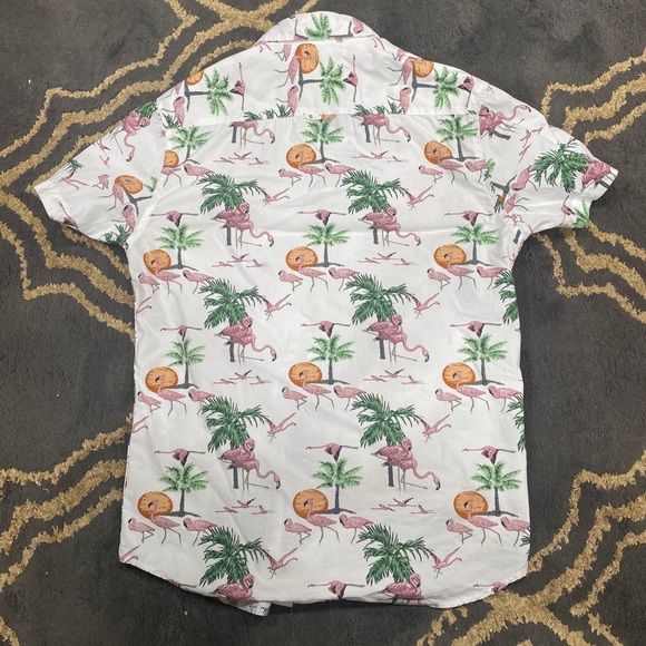 Denim And Flower Pink Flamingo Palm Trees Size Small Slim Short Sleeve Button - Picture 8 of 9